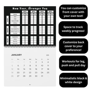 2025 Workout Wall Calendar, Fitness Planner & Exercise Tracker, Black and White Design, Push Pull Leg Day Exercises, Workout Tracker, Notes