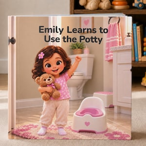May include: A hardcover children's book titled Emily Learns to Use the Potty. The cover features a cartoon girl with brown curly hair, wearing a pink floral shirt and light pants, holding a brown teddy bear next to a white and pink potty.