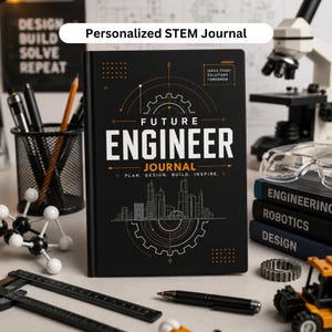 May include: A black hardcover journal titled Future Engineer Journal with white and orange technical graphics, including a city skyline and gear motifs. The cover features the text Ideas Today Solutions Tomorrow and Plan. Design. Build. Inspire.