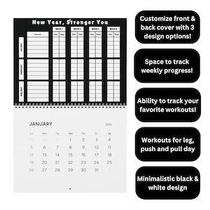 Blank 2025 Workout Wall Calendar, Fitness Planner & Exercise Tracker, Black and White Design, Push Pull Leg Day Exercises, Workout Tracker