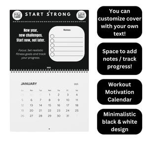 2025 Workout Wall Calendar, Motivational Quotes, Fitness Calendar 2025, Black and White Design, Fitness Planner, Exercise Tracker, Notes