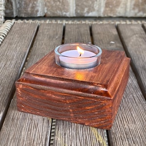 Handmade Wood Tea Light Solo Candle Holder -  Rustic Wood Anniversary Tea Light Holder - Gifts for the Couple - Cognac Stain