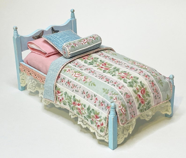 1/12 Scale Miniature Light Blue Twin Bed Furniture Butterfly Collection image 1