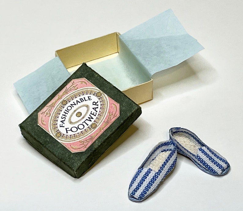1/12 Scale Miniature Dollhouse Blue Striped Shoes in a Box image 1