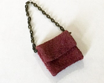 Miniature 1/12 Scale Burgundy Suede and Chain Strap Purse Handbag