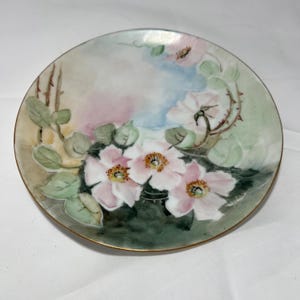 Antique Hand-Painted Porcelain Plate | Unknown Signature & Dated 1910 | Floral Design with Gold Rim