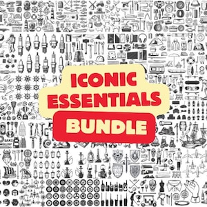 May include: A large collection of black and white illustrations of various objects, including tools, household items, and transport. The image is titled "Iconic Essentials Bundle".