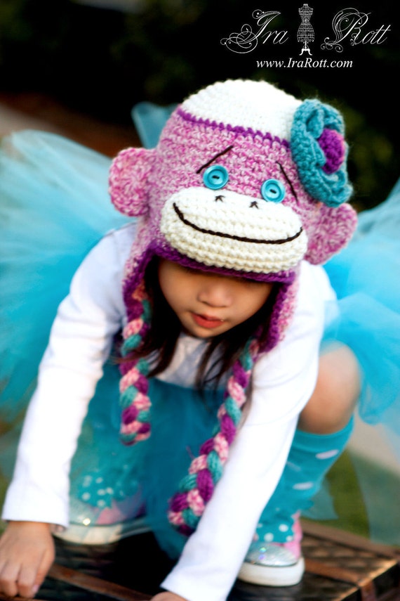 Items similar to Pink Sock Monkey Hat with Flower MADE to ORDER