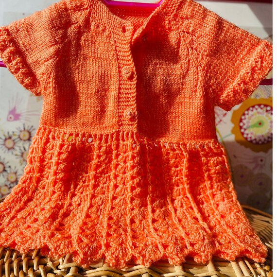Hand-Knitted Orange Baby Girl Dress: Crochet Outfit (3-6 Months)