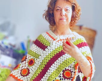 Poncho Schal Oma Quadrat Blumenmuster : One Size Boho Bunt Häkeln Cape