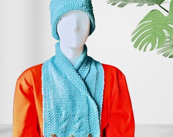 Handmade Turquoise Knit Beanie Scarf Set: Wool Blend, Retro 