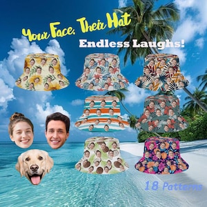 Puede incluir: Varios sombreros de pescador con diferentes patrones, cada uno con la cara de una persona. Los sombreros tienen diseños florales, a rayas y tropicales. El texto "Your Face. Their Hat" y "Endless Laughs!" están encima de los sombreros, con "18 Patterns" debajo.