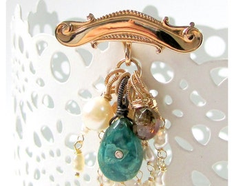 Victorian Antique Pin 14K Solid Gold with Chrysocolla set with Topaz