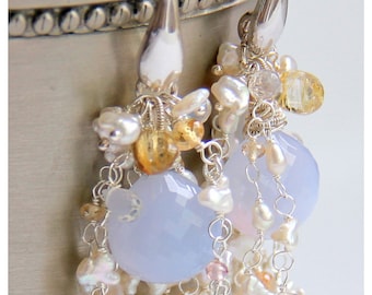 Chalcedony and Keishi Pearl earrings with Imperial Topaz, Golden Rutilated Quartz and Moonstone