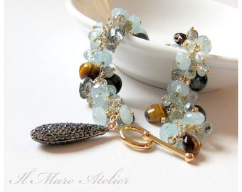 Aquamarine, Tiger's Eye, Black Rutilated Quartz, Cat's Eye Bracelet