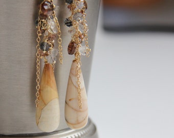 Brecciated Mookaite, Andalusite, Rainbow Moonstone, Rutilated Quartz earrings