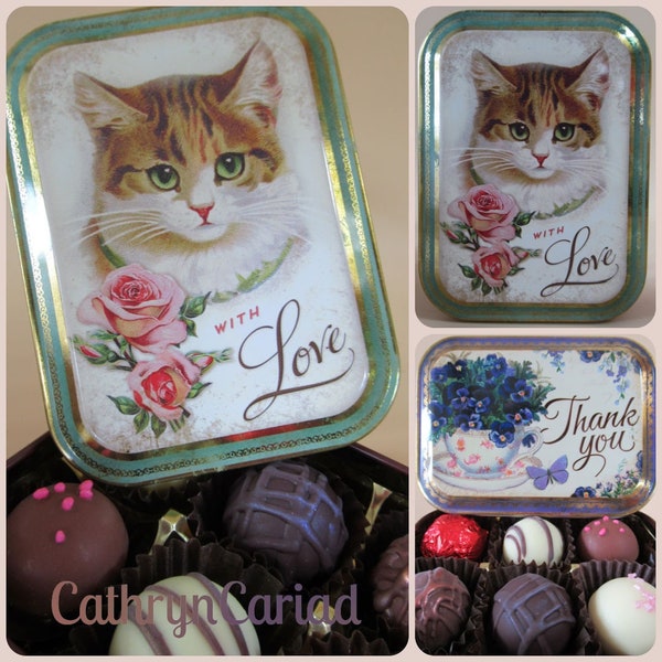 Handmade Chocolates in Flower or Cat tin, Cat - With Love, Violets - Thank You, Award Winning UK - 5* Food Hygiene rated - vintage style tin