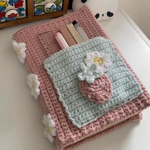 PATTERN: Crochet Strawberry Book Cover Customisable Size Daisies Flowers Book Sleeve Front Pocket Cottagecore Design
