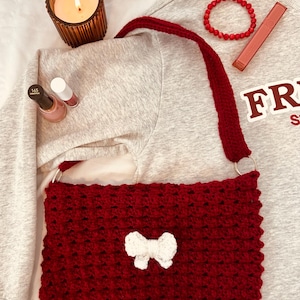 PATTERN: Crochet Mesh Bow Bag Elegant Shoulder Bag Wine Dark Red Purse Clutch Formal Lace Stitch Coquette