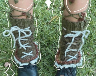 PATTERN: Crochet Flared Forest Leg Warmers // Cottagecore Customisable Crocheted Pattern Legwarmers Socks Ruffles Lace-Up Flowers Leaves
