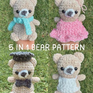 Pode incluir: Quatro ursinhos de crochê, cada um com acessórios únicos. Um urso usa um cachecol azul, outro um vestido rosa, um terceiro um chapéu de formatura e uma gravata borboleta, e o último um babete. O texto "5 IN 1 BEAR PATTERN" é visível.