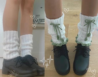 Crochet Leg Warmers Leaves Handmade Legwarmer Bows Green and White Crocheted Cute