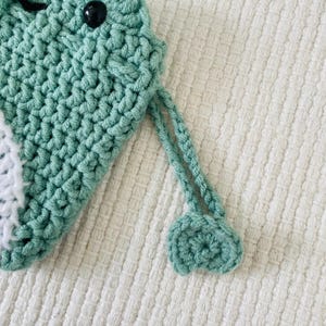 May include: A green crocheted pouch with a white crocheted detail and a black eye. The pouch has a green crocheted drawstring.