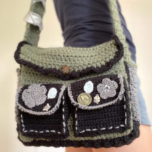PATTERN: Crochet Messenger Bag // Cute Bag Satchel Front Pockets Side Pockets Flower Leaf Decorations Pattern-Only Messenger Bag