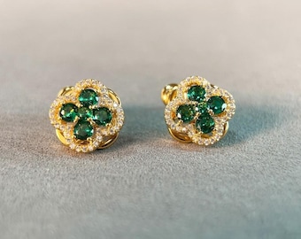 Emerald Green Zircon Stud Earrings, Gold-Plated Rotating Clover Design, Minimalist Luxury Earrings, Hypoallergenic S925 Posts, Gift For Her