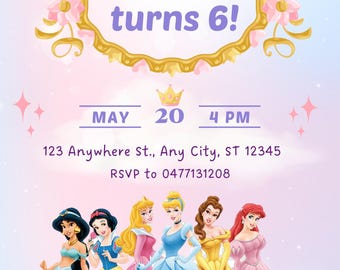 Disney Princess digital birthday party invitation template plus free Facebook banner! Princess theme birthday party.