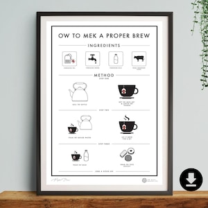 Theepostergrafiek, woondecoratie, kunst aan de muur, woondecoratie, eigenzinnig, koffie, kopje thee, afdrukken, Yorkshire, keuken, DIGITALE DOWNLOAD, drinken, haar, hem