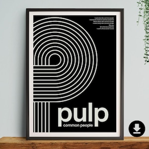 Pulp, Yorkshire Band, Yorkshire Print, Music Poster, Band Poster, Music Print,  Band, DIGITAL DOWNLOAD, Gift, Her, Him, Gig, Common people