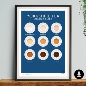 Theepostergrafiek, woondecoratie, kunst aan de muur, woondecoratie, eigenzinnig, koffie, kopje thee, afdrukken, Yorkshire, keuken, DIGITALE DOWNLOAD, drinken, haar, hem