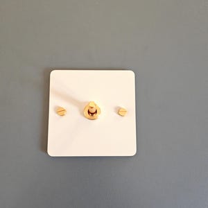 Può includere: Una piastra quadrata bianca per interruttore della luce con tre viti dorate. Le viti hanno la forma di un piccolo cerchio con testa piatta.