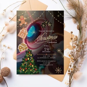 May include: A Christmas invitation with a festive design featuring a gingerbread house, a gingerbread man, a Christmas tree, and a glowing orb. The invitation reads "You are invited to Christmas Celebration, Friday 24 December, 20:00 - END, 123 ANYWHERE ST, ANY CITY. RSVP in advance by contacting us at: 123-456-7890, hello@reallygreatsite.com"