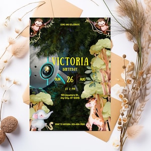 May include: A birthday invitation with a jungle theme. The invitation features a robot, a giraffe, an elephant, and monkeys. The text on the invitation reads "Come and Celebrate Victoria Birthday Sun 26 Aug At 2 PM 123 Anywhere St. Any City, ST 12345 RSVP to Victoria 123-456-7890".