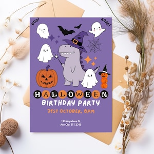Lila süßer Dinosaurier Illustrativ Halloween Geburtstag Kinderparty Einladung