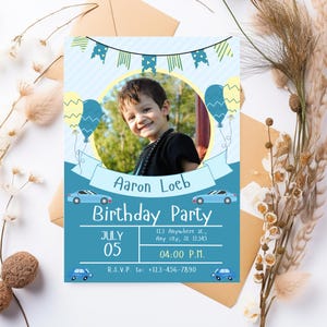 Editable Blue Car Birthday Boy Party Invitation