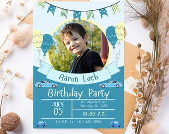 Editable Blue Car Birthday Boy Party Invitation