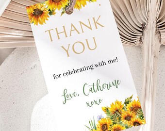 Editable Sunflower Favor Tag Template, Printable Sunflower Thank You Tags, Yellow Floral Birthday Favor Tags, Party Favors, Gift Tags S101