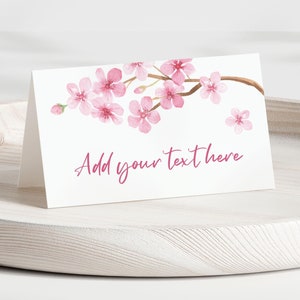 Bewerkbare plaatskaarten kersenbloesem, Sakura afdrukbare plaatskaartsjabloon, tafelnaamkaarten, voedseletiketten, tentkaart, roze lentebloemen C101