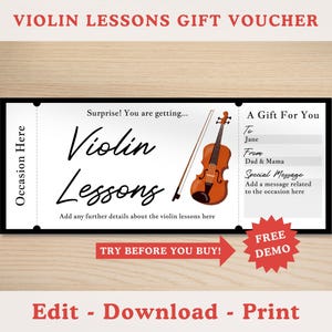 Bearbeitbare Geigenunterricht-Geschenkgutscheinvorlage, druckbarer Geschenkkartencoupon, Geigenmusikinstrumentenunterricht, Überraschungsgeschenk für jeden Anlass