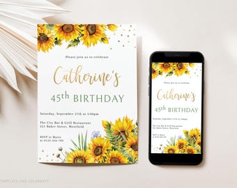 Editable Sunflower Birthday Invitation Template, Printable Sunflower Invitation, Any Age Yellow Floral Birthday Party Digital Invite S101