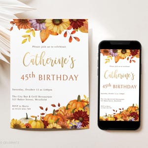 Editable Fall Floral Birthday Invitation Template, Printable Pumpkin & Flowers Invitation, Autumn Leaves Birthday Digital Invite F101