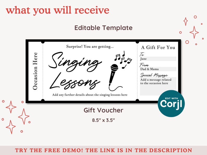 Singing Lessons Gift Editable Singing Lessons Gift Voucher Template, Printable Gift Ticket ...