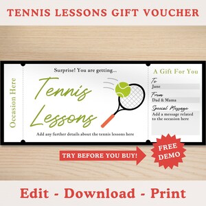Modèle modifiable de chèque-cadeau de cours de tennis, coupon de billet-cadeau imprimable, entraînement de tennis, cours de tennis, cadeau surprise pour toute occasion