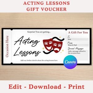 Może przedstawiać: Bon upominkowy na lekcje aktorstwa. Bon ma czarną obwódkę i zawiera słowa "Lekcje aktorstwa" w czcionce skryptowej, wraz z maskami komedii i tragedii. Bon zawiera miejsce na dodanie specjalnej wiadomości i danych odbiorcy.