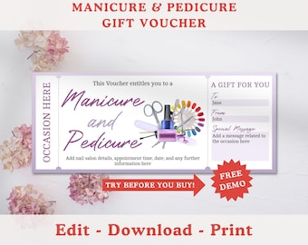 Editable Manicure Pedicure Gift Voucher Template, Printable Gift Voucher, Mani Pedi Nail Appointment Last Minute Gift For Her, Print At Home