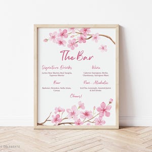 Letrero de menú de bar con flores de cerezo editable, plantilla de menú de bar con flores de cerezo imprimible, menú de bebidas personalizado, letrero de 8 x 10 con decoración floral de primavera rosa C101