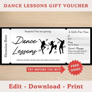 May include: A rectangular dance lessons gift voucher featuring black silhouettes of three people dancing, musical notes, and text fields for recipient, sender, and a special message. The voucher includes the text "Dance Lessons" and "A Gift For You" with a red "TRY BEFORE YOU BUY" arrow and a "FREE DEMO" starburst.
